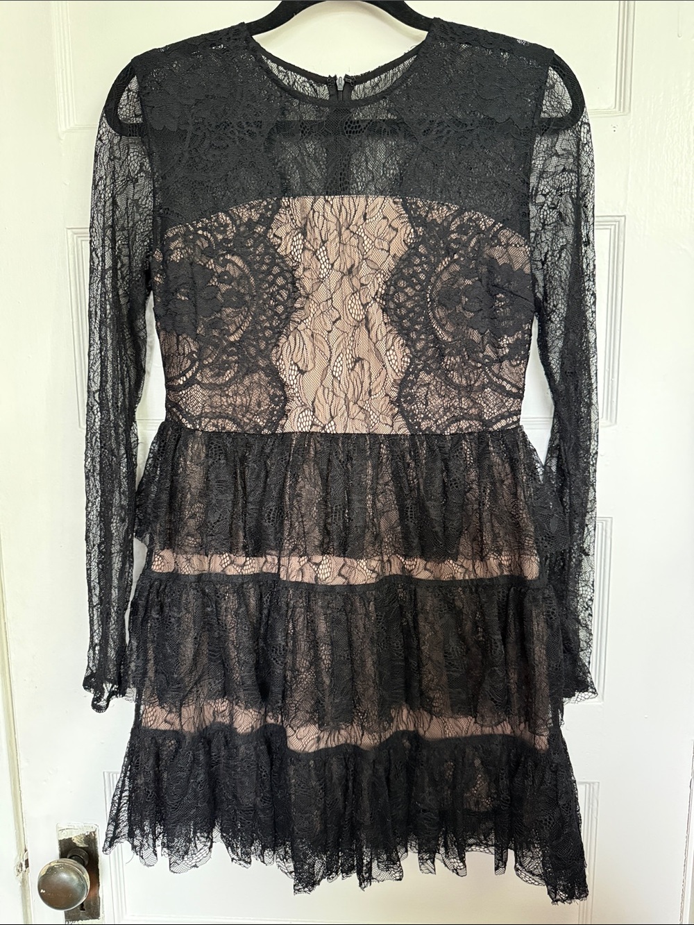 DO+BE Black Lace Long-Sleeve Tiered Dress with Nude Lining Witchy Esthetic